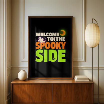 Welcome To The Spooky Side Halloween Poster, Ghost Bat Moon Wall Art Print
