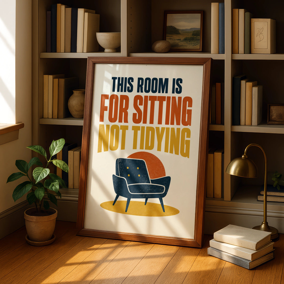 Funny Living Room Quote Poster, This Room Is For Sitting Not Tidying, Retro Lounge Wall Art