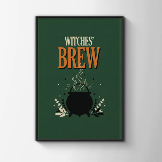 Witches Brew Cauldron Poster, Halloween Wall Art, Dark Green Witch Print, A3