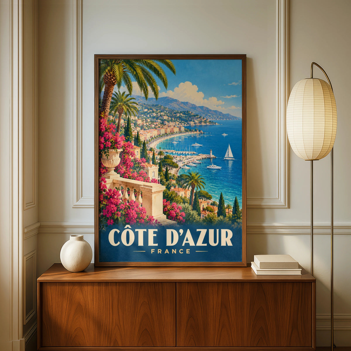 Cote d'Azur France Travel Poster, Retro French Riviera Wall Art, Mediterranean Print