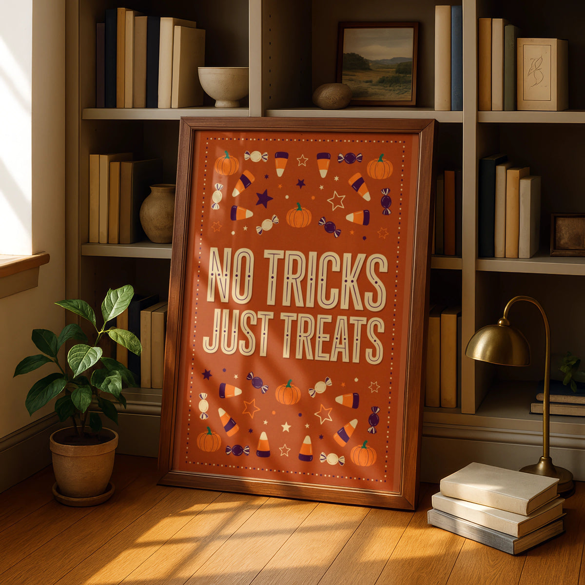 No Tricks Just Treats Halloween Poster, Candy Corn Pumpkin Orange Wall Art Print