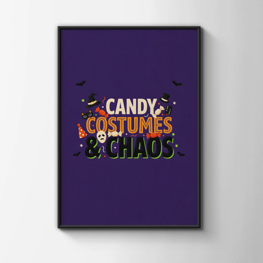 Candy Costumes and Chaos Halloween Poster, Funny Spooky Wall Art, Purple Orange Print
