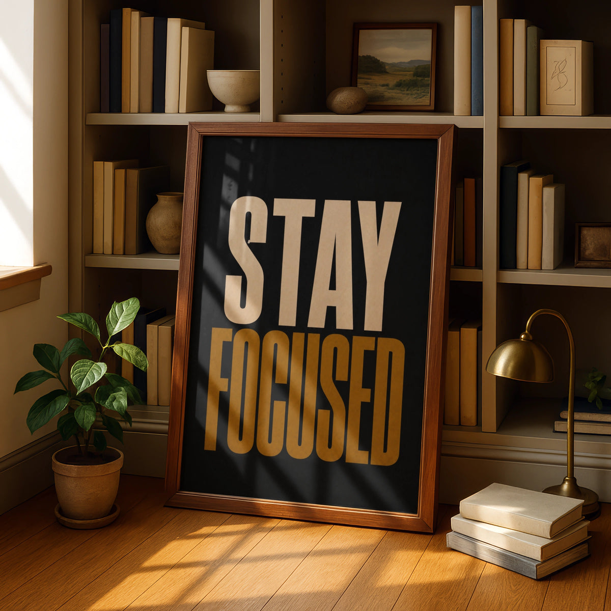 Stay Focused Motivational Poster, Bold Typography Print, Black Gold Office Wall Art