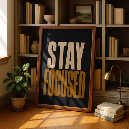 Stay Focused Motivational Poster, Bold Typography Print, Black Gold Office Wall Art