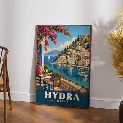 Hydra Greece Travel Poster, Greek Island Harbour Wall Art, Mediterranean Print