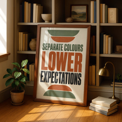 Lower Expectations Funny Quote Poster, Retro Humour Wall Art, Terracotta Green Home Print