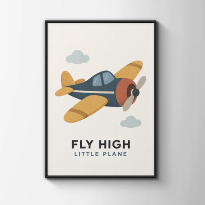 Fly High Little Plane Kids Poster, Vintage Aeroplane Wall Art, Boys Nursery Print
