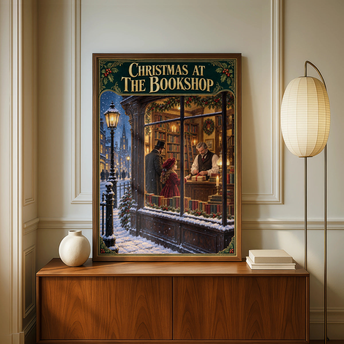 Christmas at the Bookshop Poster, Victorian Bookstore Wall Art, Festive Reading Print