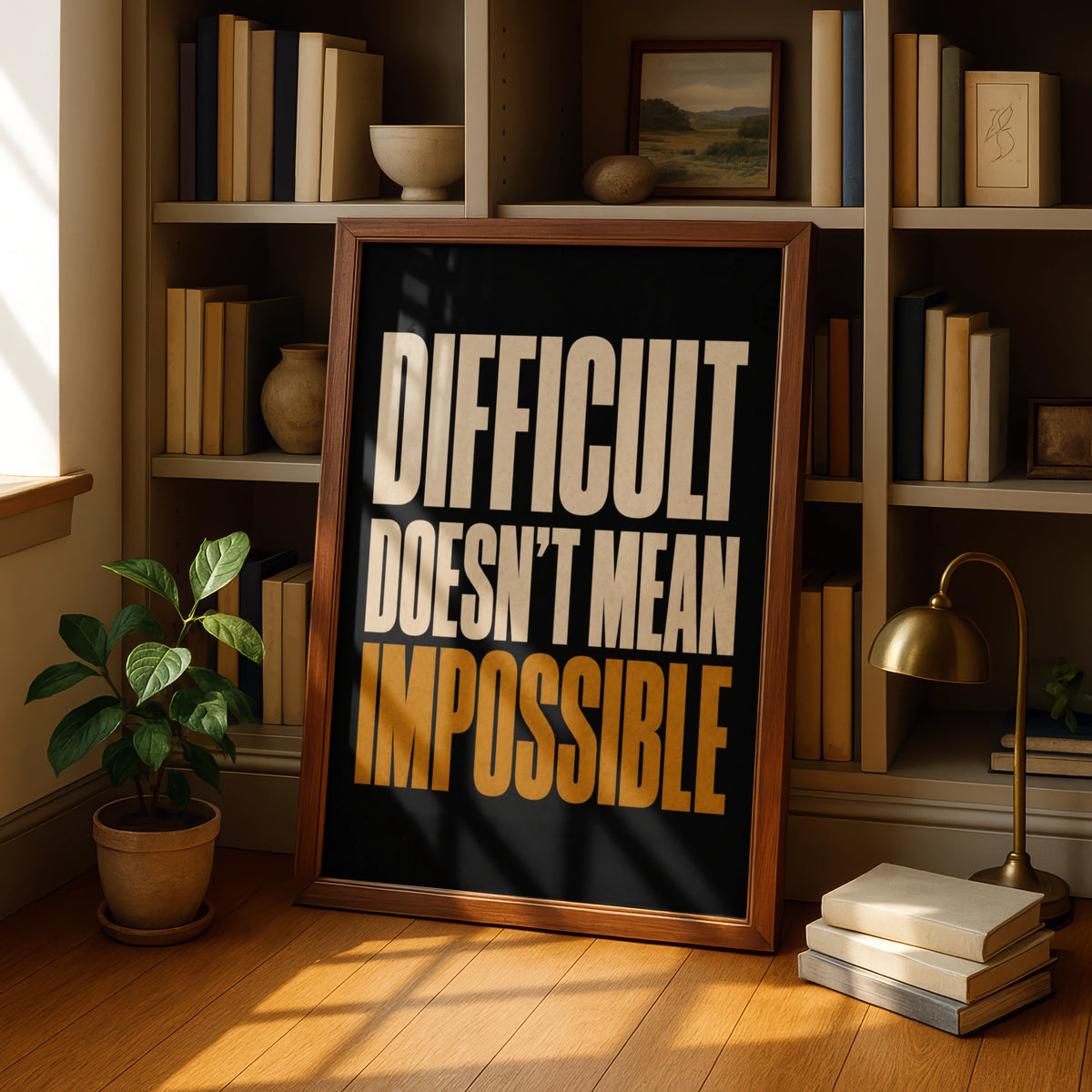 Difficult Doesn't Mean Impossible Motivational Quote Poster, Bold Black Gold Wall Art