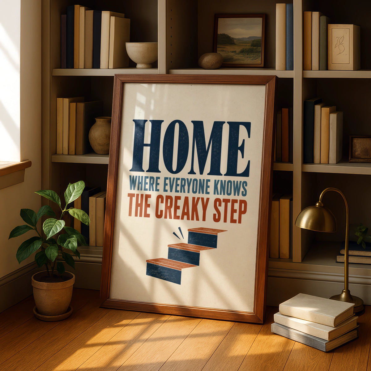 Creaky Step Funny Home Quote Print, Retro Staircase Humour Wall Art, Navy Rust