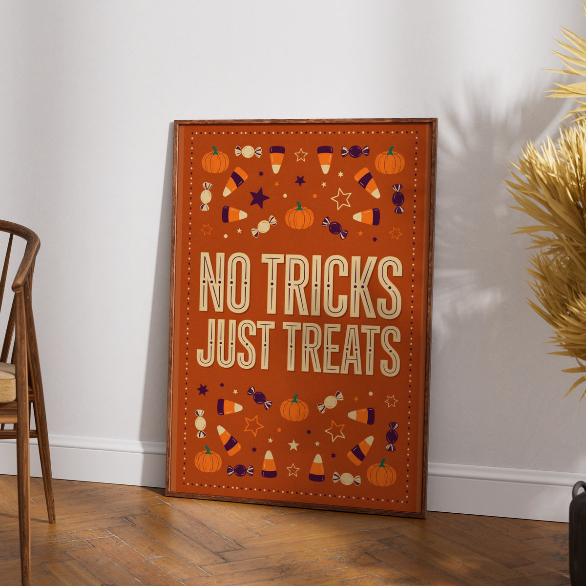 No Tricks Just Treats Halloween Poster, Candy Corn Pumpkin Orange Wall Art Print