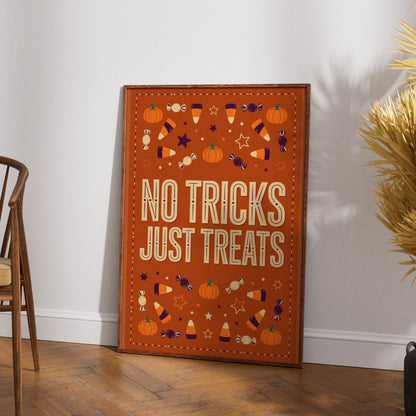 No Tricks Just Treats Halloween Poster, Candy Corn Pumpkin Orange Wall Art Print