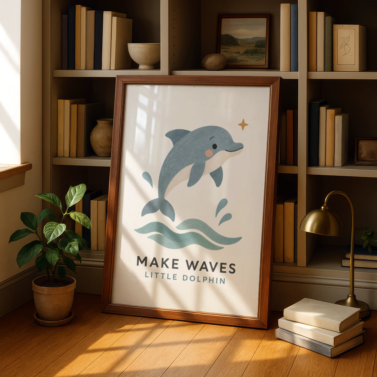 Make Waves Little Dolphin Print, Cute Ocean Nursery Poster, Kids Sea Animal Wall Art
