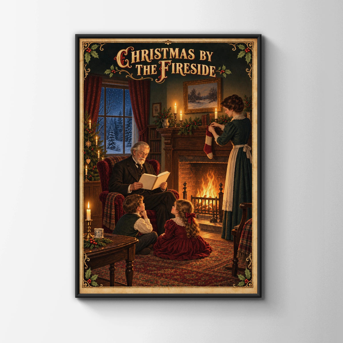 Christmas by the Fireside Poster, Victorian Family Print, Vintage Holiday Wall Art