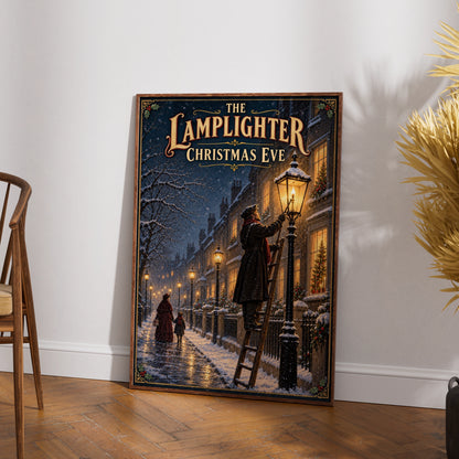 Victorian Christmas Eve Poster, Lamplighter Snow Street Wall Art, Dickensian Festive Print