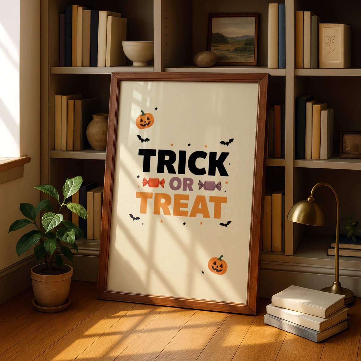 Trick or Treat Halloween Poster, Pumpkin Bat Candy Wall Art, Spooky Kids Print