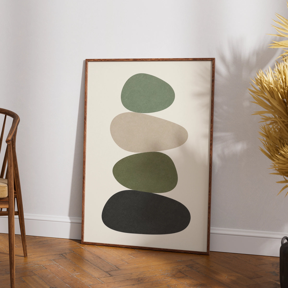 Sage Green Pebble Stack Print, Minimalist Stone Balance Poster, Boho Wall Art