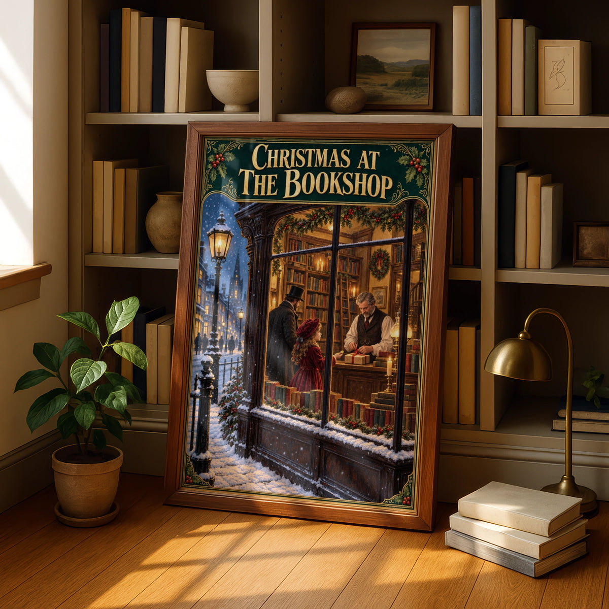 Christmas at the Bookshop Poster, Victorian Bookstore Wall Art, Festive Reading Print