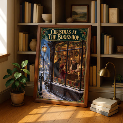 Christmas at the Bookshop Poster, Victorian Bookstore Wall Art, Festive Reading Print