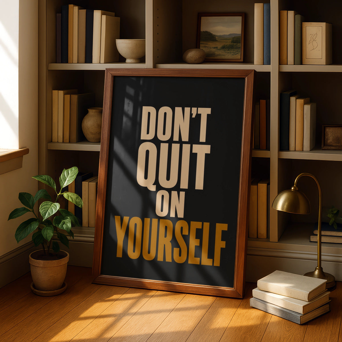 Don't Quit On Yourself Motivational Poster, Gym Quote Wall Art, Black Gold Print