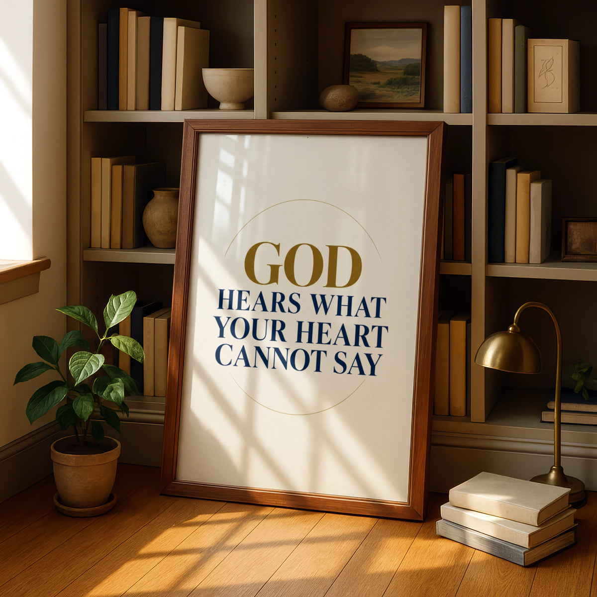 God Hears What Your Heart Cannot Say, Christian Faith Quote Poster, Navy Gold Wall Art