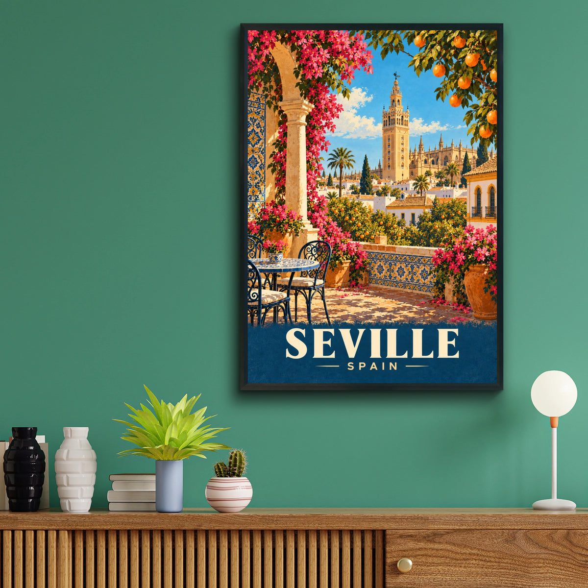 Seville Spain Travel Poster, Giralda Cathedral Wall Art, Vintage Spanish Print