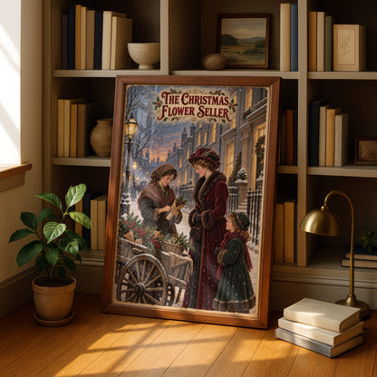 Victorian Christmas Flower Seller Poster, Vintage Snowy Street Wall Art Print