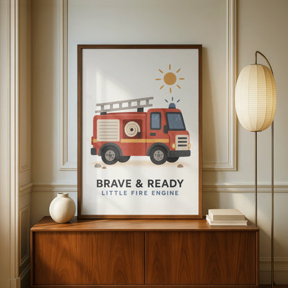 Fire Engine Kids Wall Art Print, Brave & Ready Little Fire Truck, Boys Nursery Poster