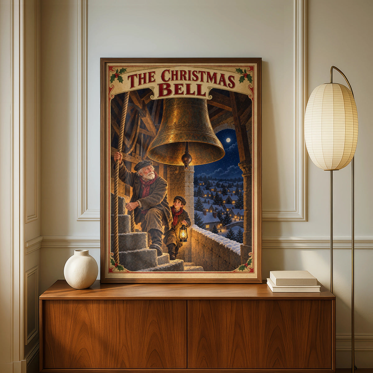 Victorian Christmas Bell Tower Poster, Vintage Festive Wall Art, Snowy Village Print