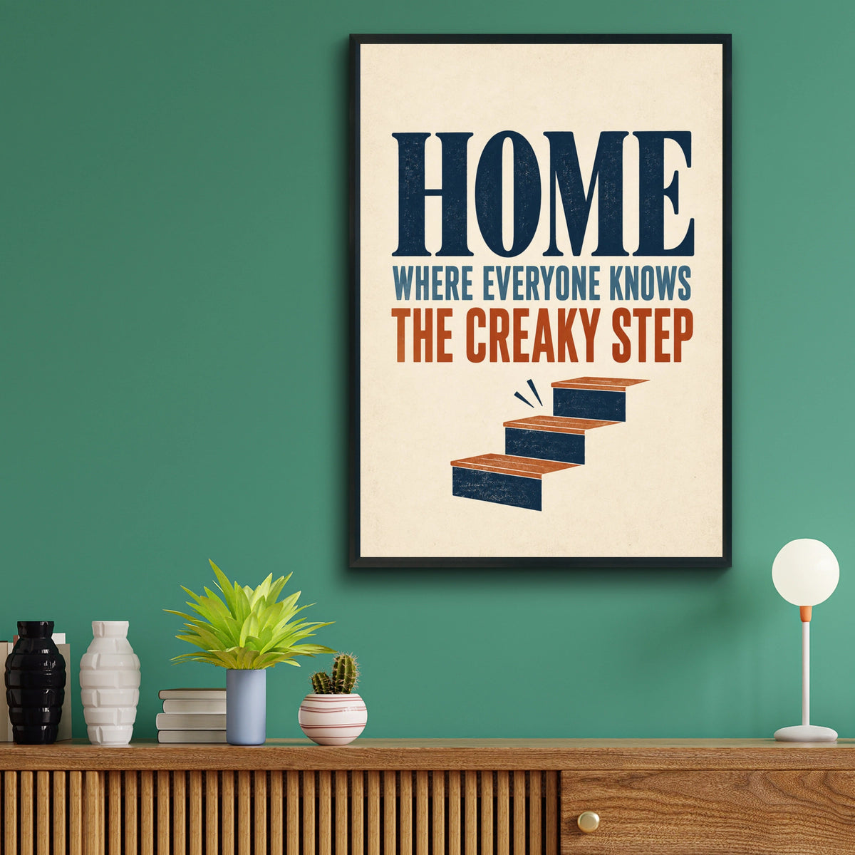 Creaky Step Funny Home Quote Print, Retro Staircase Humour Wall Art, Navy Rust
