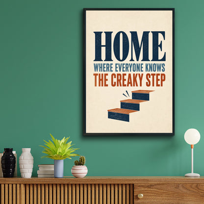 Creaky Step Funny Home Quote Print, Retro Staircase Humour Wall Art, Navy Rust