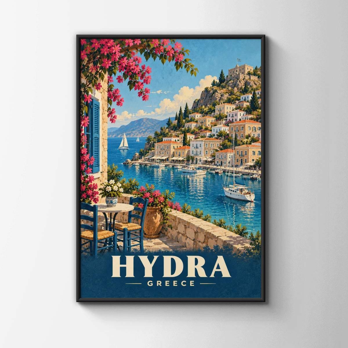 Hydra Greece Travel Poster, Greek Island Harbour Wall Art, Mediterranean Print