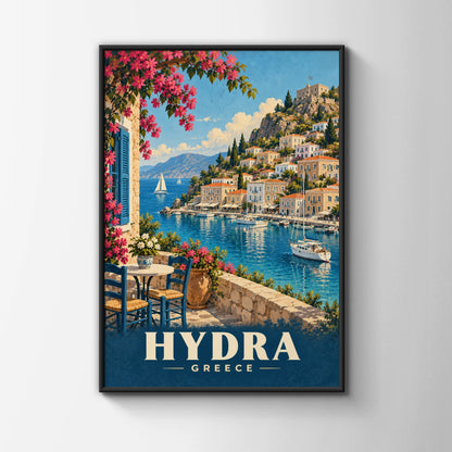 Hydra Greece Travel Poster, Greek Island Harbour Wall Art, Mediterranean Print