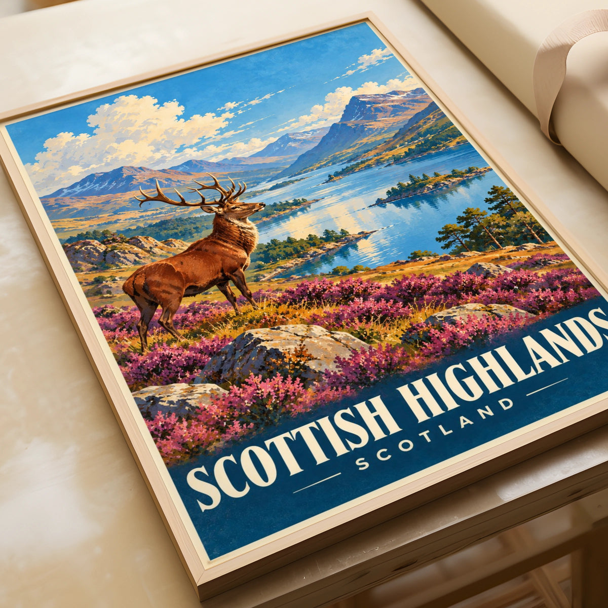 Scottish Highlands Scotland Poster, Red Deer Stag Print, Loch Mountain Wall Art, Vintage Travel