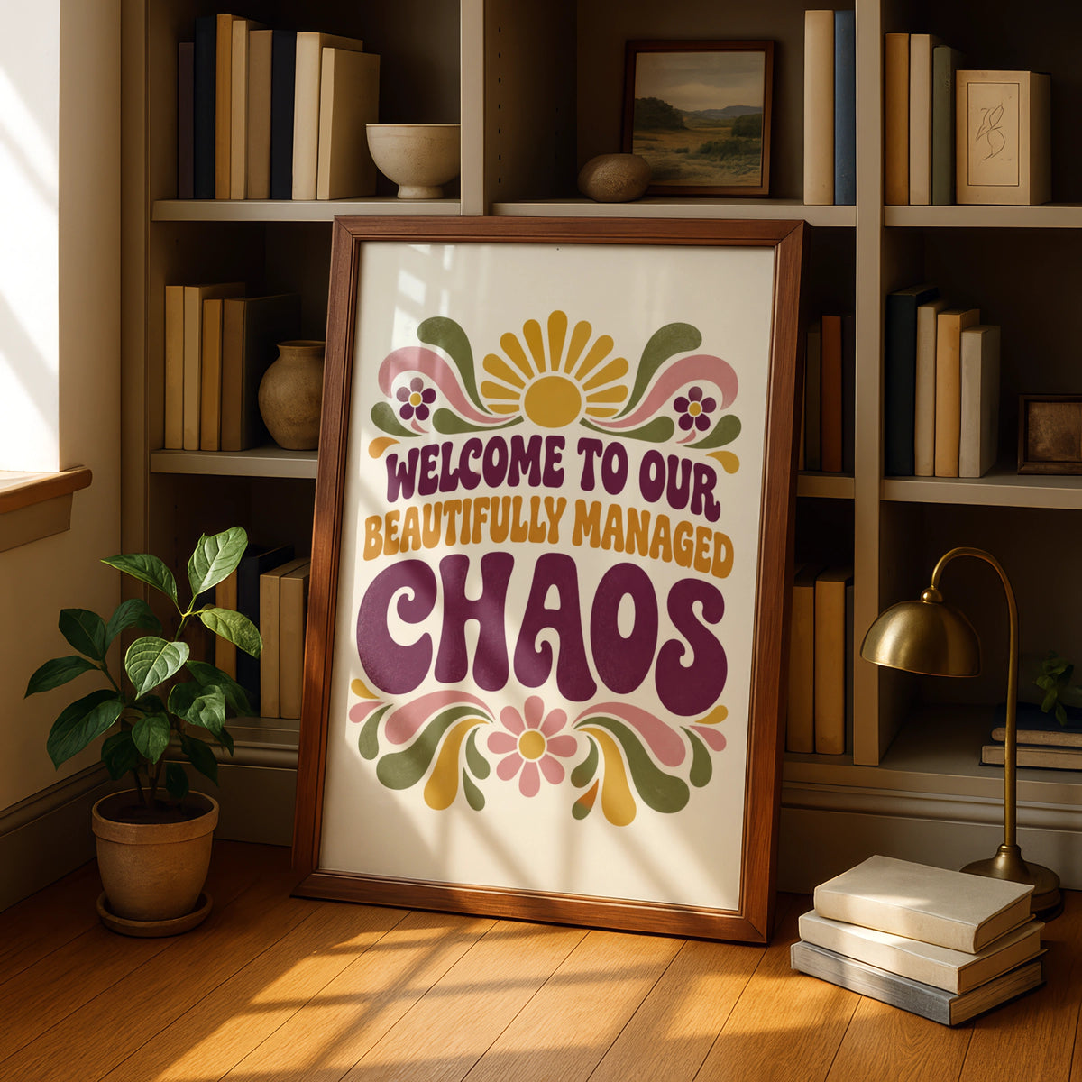 Beautifully Managed Chaos Retro Quote Print, Funny Home Wall Art, 70s Groovy
