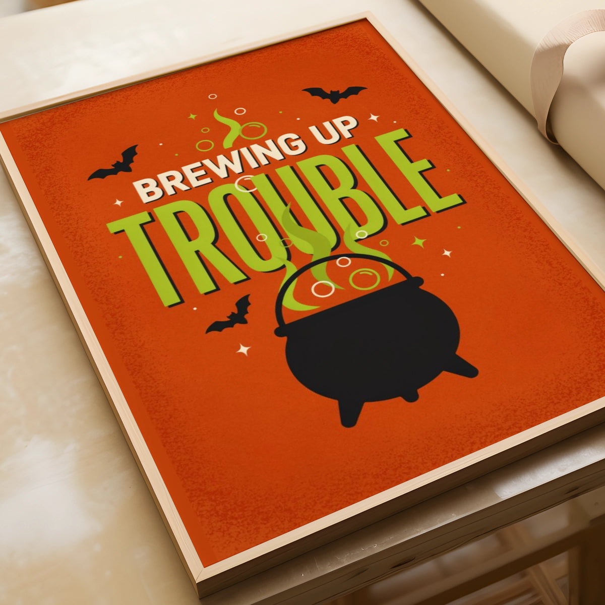 Brewing Up Trouble Halloween Poster, Witch Cauldron Wall Art, Orange Green Retro Print