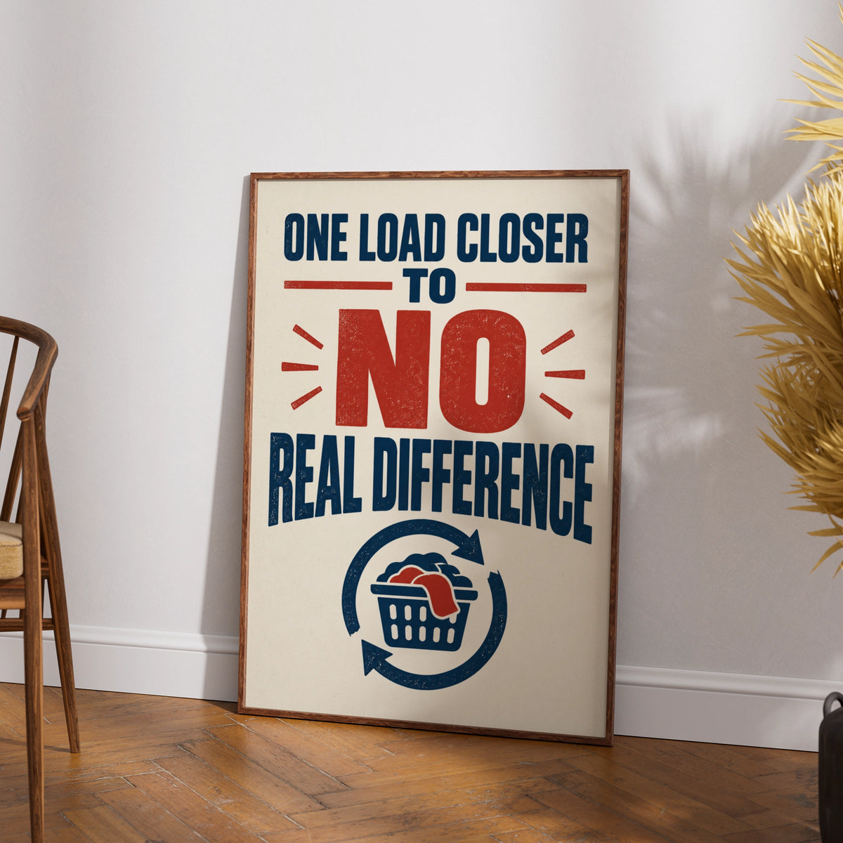Funny Laundry Room Poster, One Load Closer Quote, Navy Red Vintage Typography Print