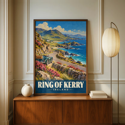 Ring of Kerry Ireland Travel Poster, Vintage Style Irish Coastal Road Wall Art Print