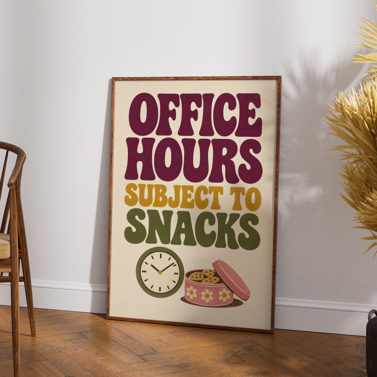 Office Hours Subject To Snacks Poster, Funny Work Quote, Retro Home Office Wall Art