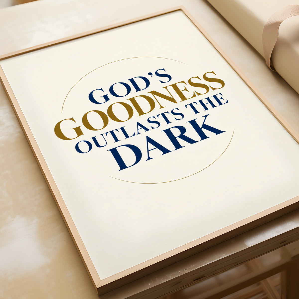 Gods Goodness Outlasts The Dark Christian Quote Poster, Faith Wall Art, Navy Gold