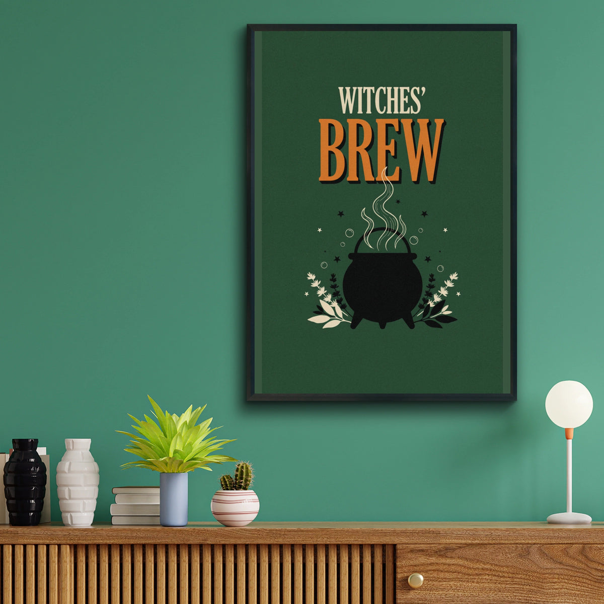 Witches Brew Cauldron Poster, Halloween Wall Art, Dark Green Witch Print, A3