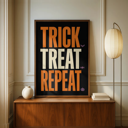 Trick Treat Repeat Halloween Poster, Bold Typography Wall Art, Orange Black Print
