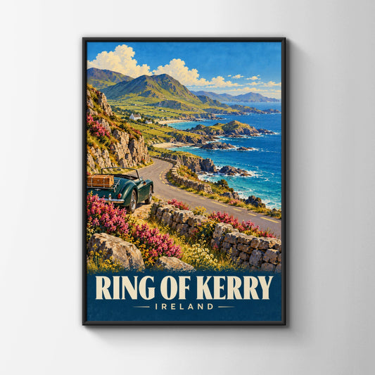 Ring of Kerry Ireland Travel Poster, Vintage Style Irish Coastal Road Wall Art Print