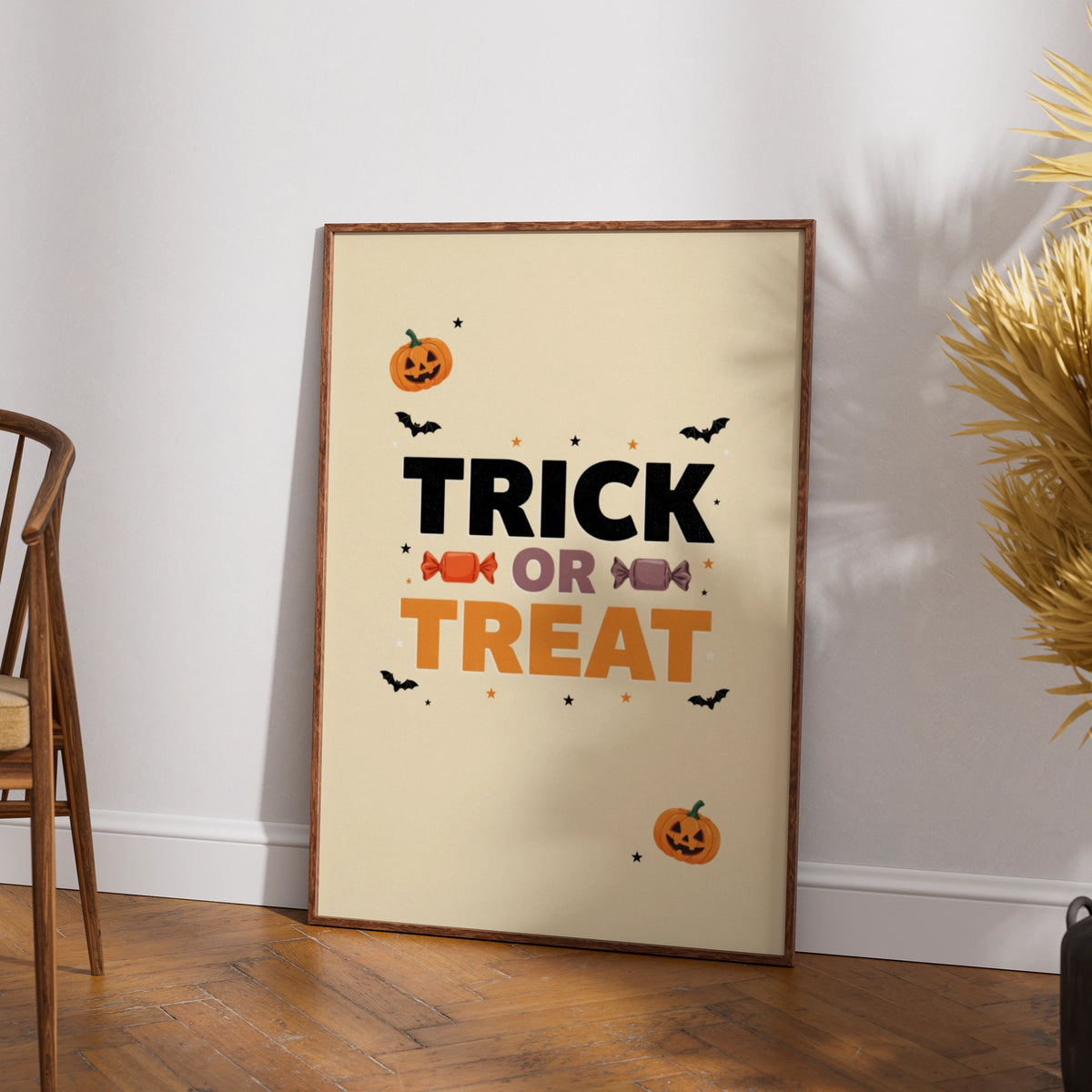 Trick or Treat Halloween Poster, Pumpkin Bat Candy Wall Art, Spooky Kids Print