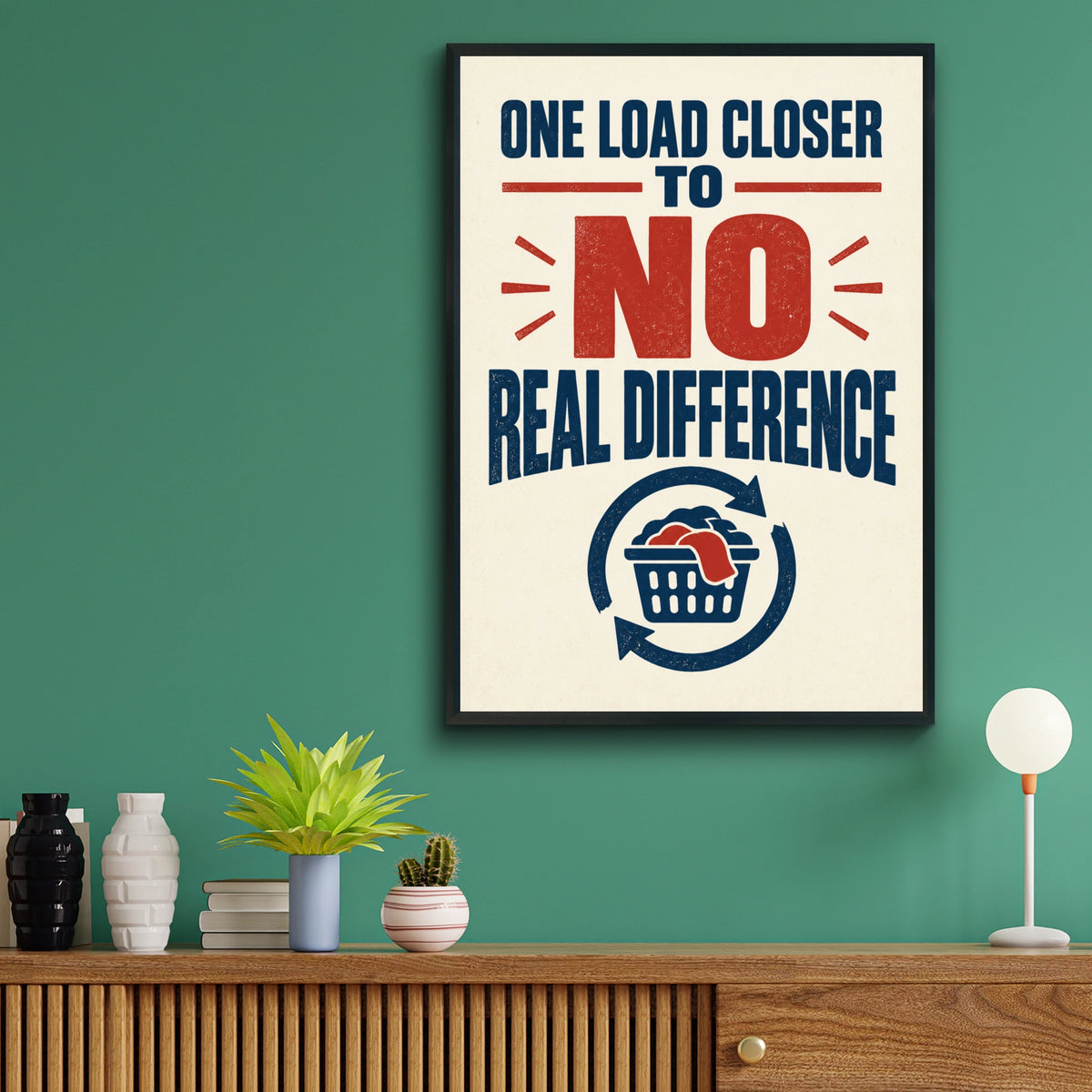 Funny Laundry Room Poster, One Load Closer Quote, Navy Red Vintage Typography Print