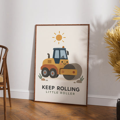 Keep Rolling Little Roller Road Roller Poster, Kids Construction Wall Art Print
