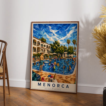 Menorca Travel Poster, Balearic Islands Pool Print, Spain Holiday Wall Art, Geometric Low Poly