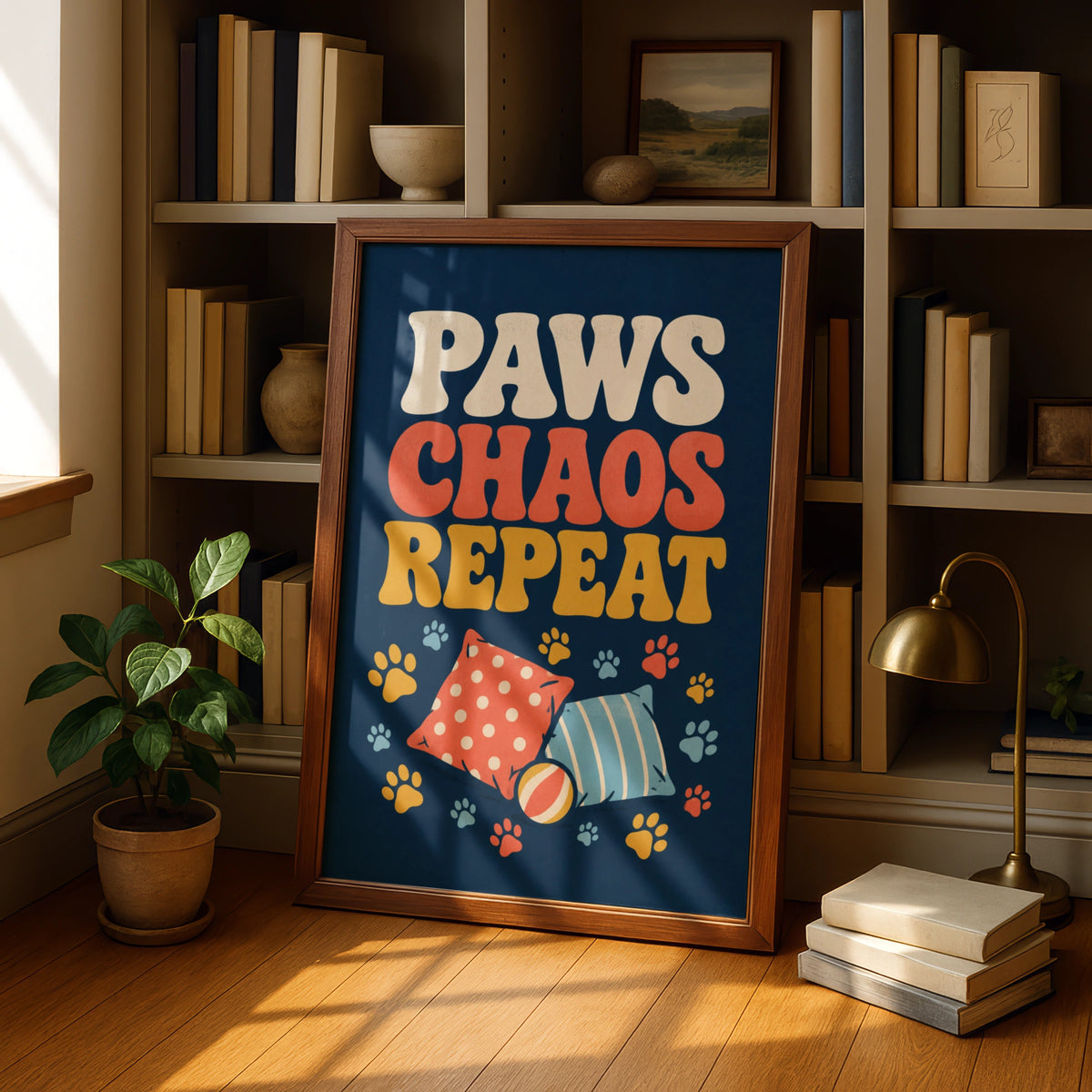 Paws Chaos Repeat Retro Dog Poster, Funny Pet Wall Art, Groovy Dog Owner Gift Print