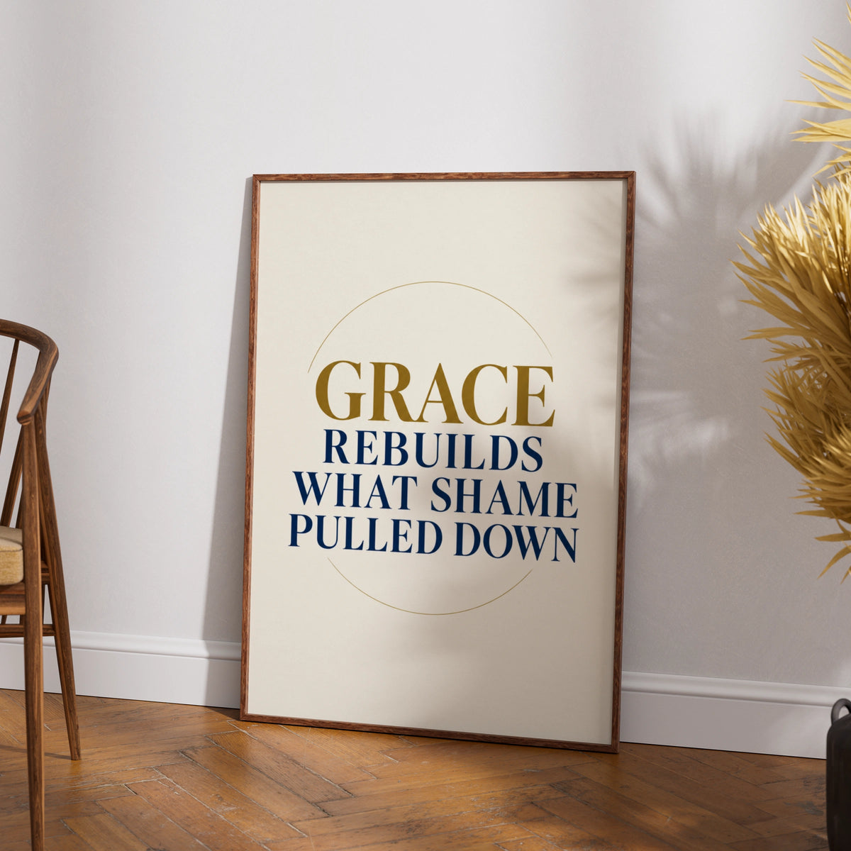 Grace Rebuilds What Shame Pulled Down, Christian Quote Poster, Navy Gold Wall Art