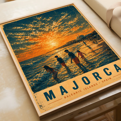 Majorca Vintage Travel Poster, Balearic Islands Spain Beach Sunset Wall Art Print